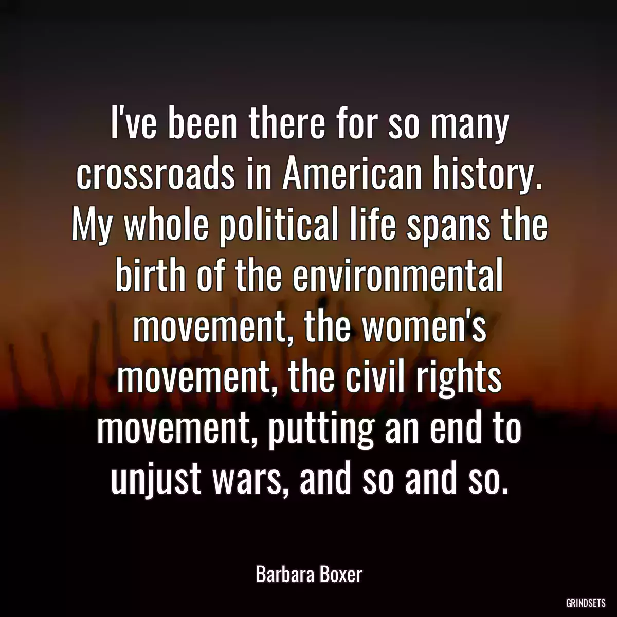 I\'ve been there for so many crossroads in American history. My whole political life spans the birth of the environmental movement, the women\'s movement, the civil rights movement, putting an end to unjust wars, and so and so.