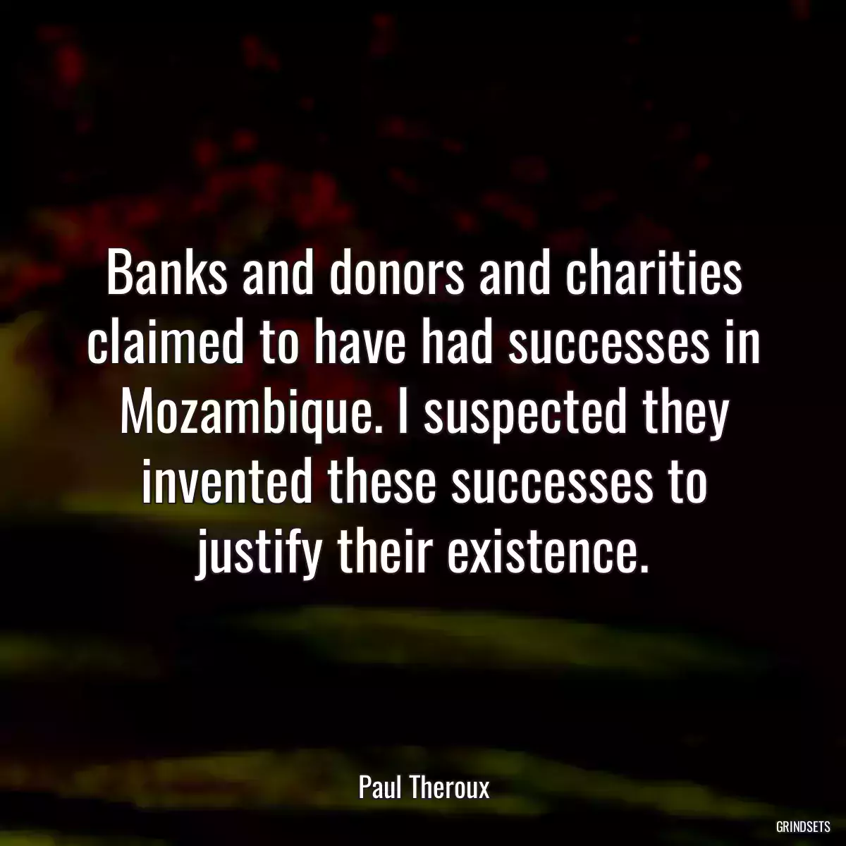 Banks and donors and charities claimed to have had successes in Mozambique. I suspected they invented these successes to justify their existence.