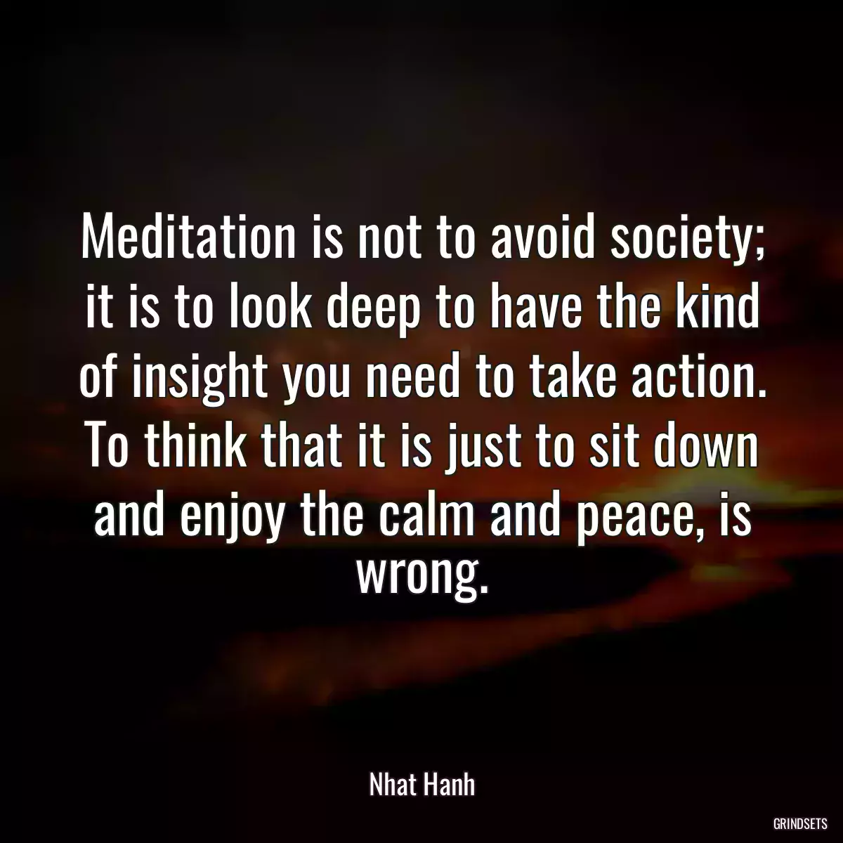 Meditation is not to avoid society; it is to look deep to have the kind of insight you need to take action. To think that it is just to sit down and enjoy the calm and peace, is wrong.