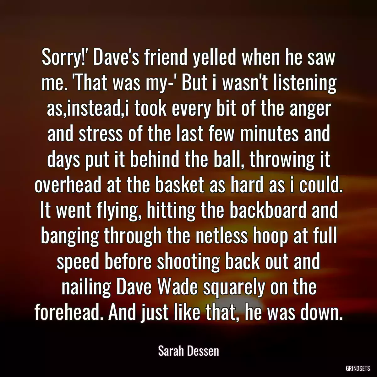 Sorry!\' Dave\'s friend yelled when he saw me. \'That was my-\' But i wasn\'t listening as,instead,i took every bit of the anger and stress of the last few minutes and days put it behind the ball, throwing it overhead at the basket as hard as i could. It went flying, hitting the backboard and banging through the netless hoop at full speed before shooting back out and nailing Dave Wade squarely on the forehead. And just like that, he was down.