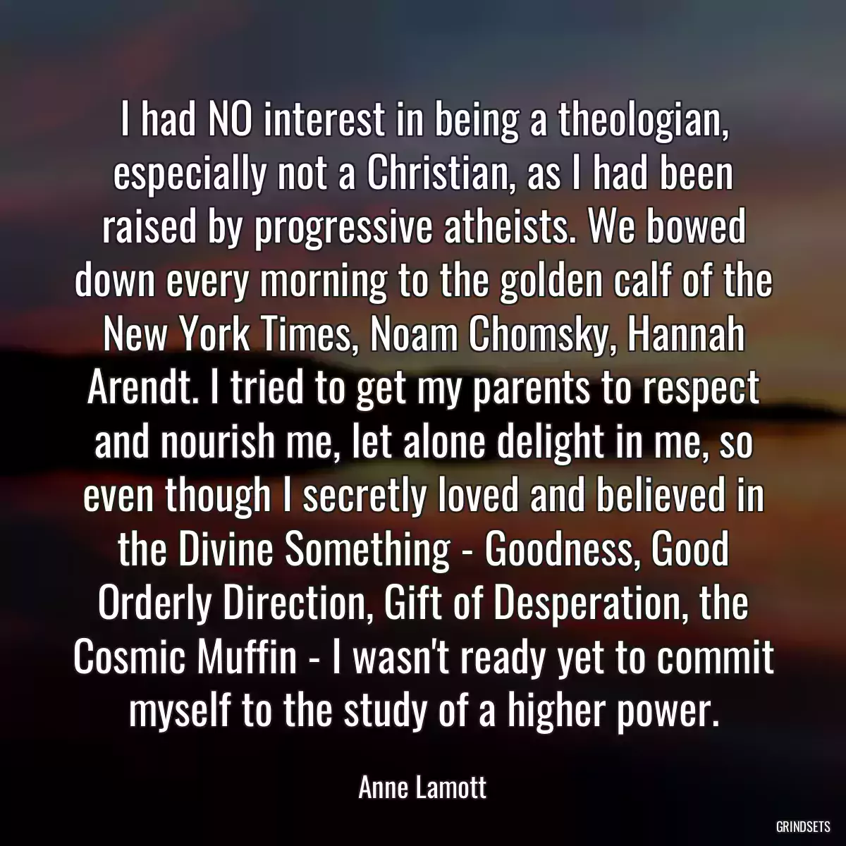 I had NO interest in being a theologian, especially not a Christian, as I had been raised by progressive atheists. We bowed down every morning to the golden calf of the New York Times, Noam Chomsky, Hannah Arendt. I tried to get my parents to respect and nourish me, let alone delight in me, so even though I secretly loved and believed in the Divine Something - Goodness, Good Orderly Direction, Gift of Desperation, the Cosmic Muffin - I wasn\'t ready yet to commit myself to the study of a higher power.