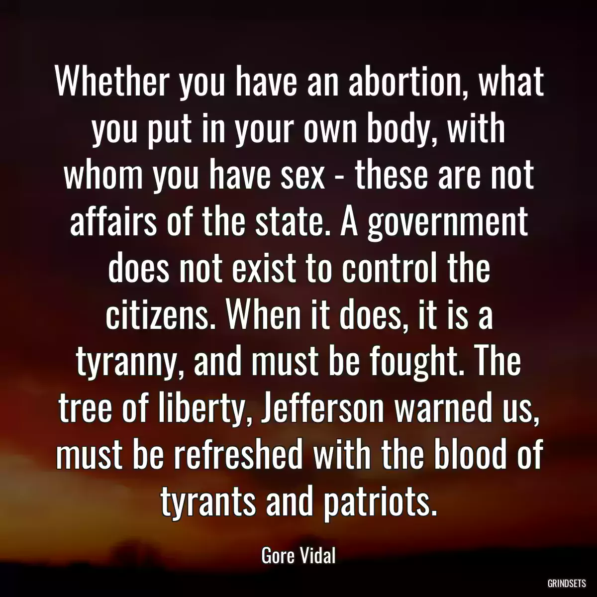 Whether you have an abortion, what you put in your own body, with whom you have sex - these are not affairs of the state. A government does not exist to control the citizens. When it does, it is a tyranny, and must be fought. The tree of liberty, Jefferson warned us, must be refreshed with the blood of tyrants and patriots.