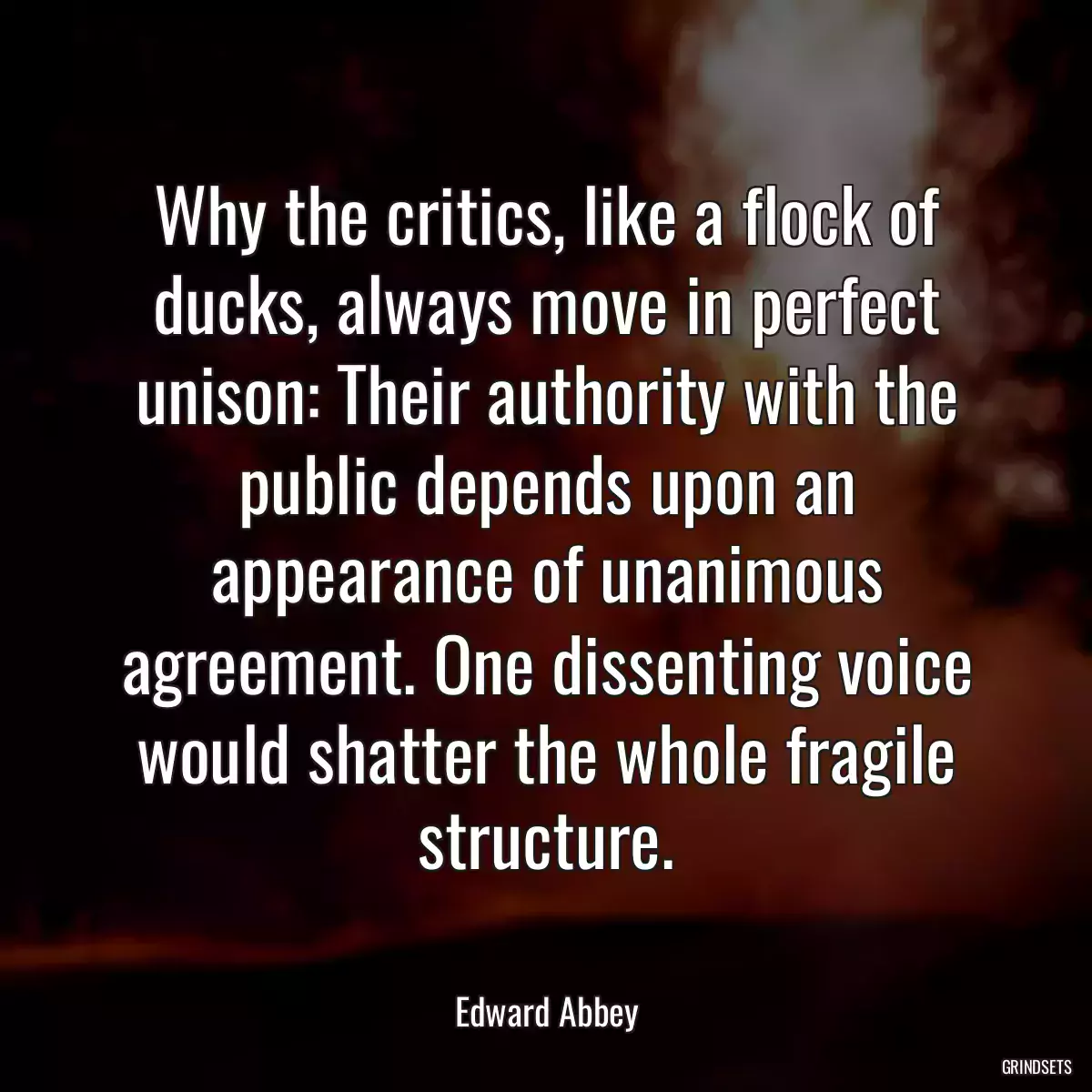 Why the critics, like a flock of ducks, always move in perfect unison: Their authority with the public depends upon an appearance of unanimous agreement. One dissenting voice would shatter the whole fragile structure.