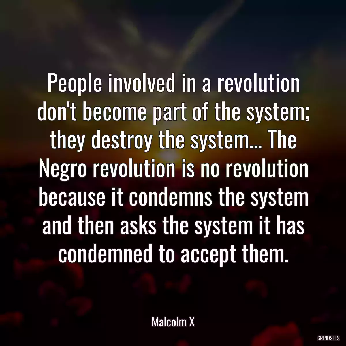 People involved in a revolution don\'t become part of the system; they destroy the system... The Negro revolution is no revolution because it condemns the system and then asks the system it has condemned to accept them.