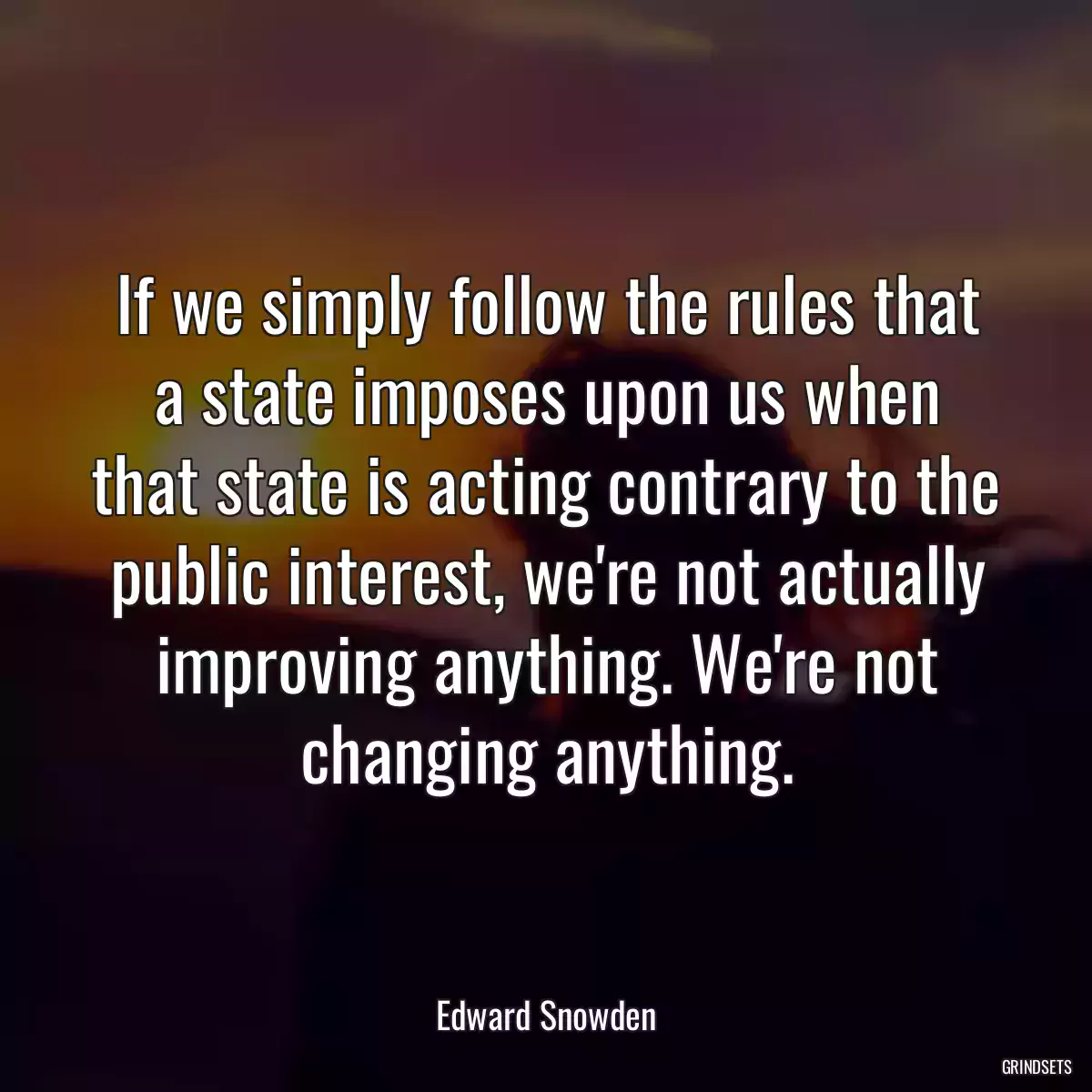 If we simply follow the rules that a state imposes upon us when that state is acting contrary to the public interest, we\'re not actually improving anything. We\'re not changing anything.