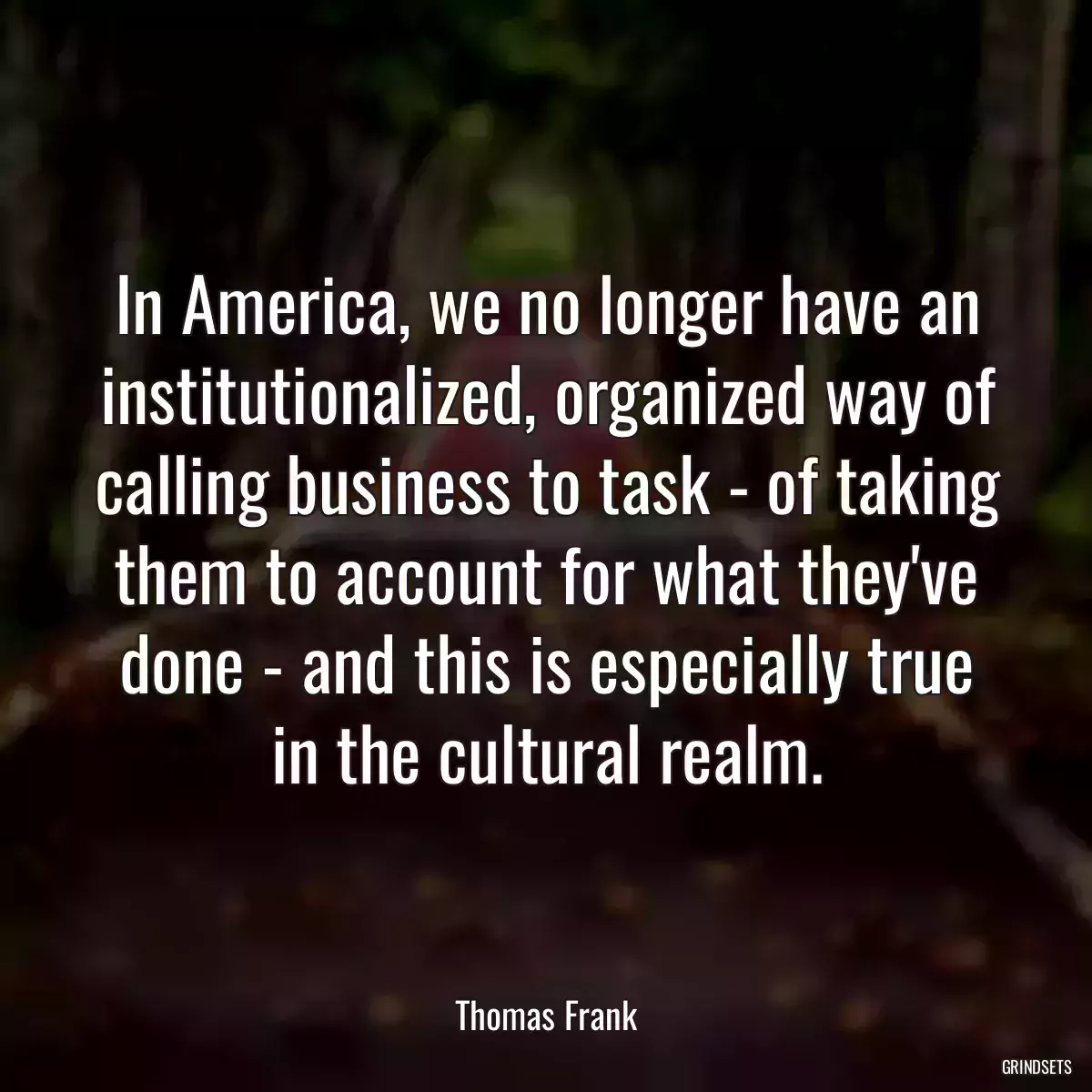 In America, we no longer have an institutionalized, organized way of calling business to task - of taking them to account for what they\'ve done - and this is especially true in the cultural realm.