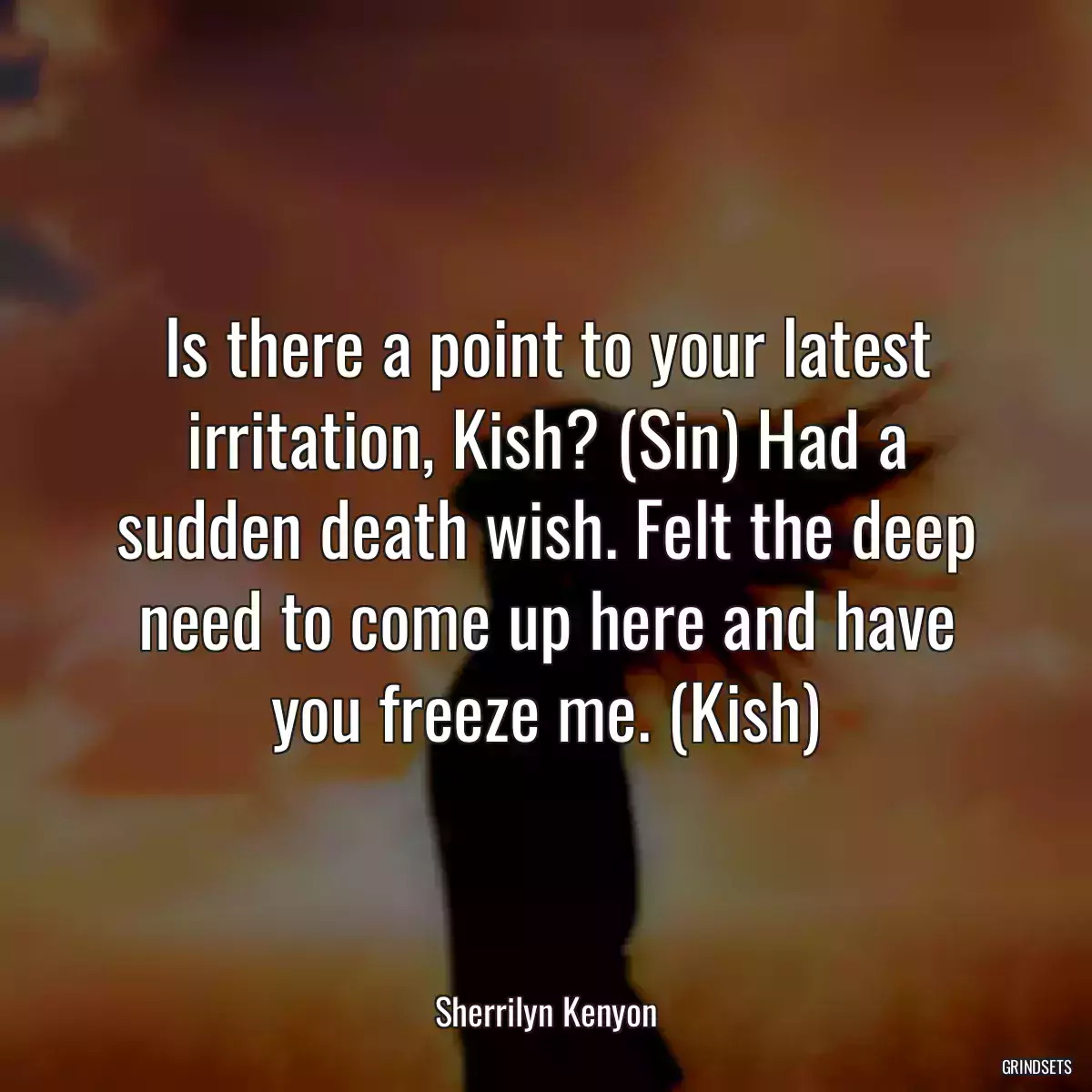 Is there a point to your latest irritation, Kish? (Sin) Had a sudden death wish. Felt the deep need to come up here and have you freeze me. (Kish)