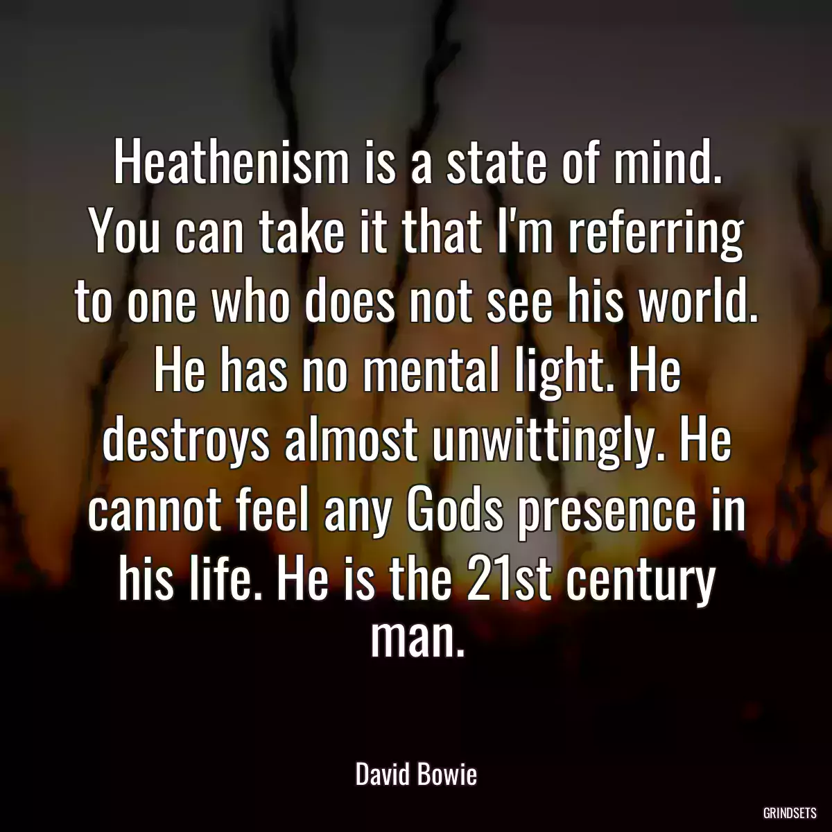 Heathenism is a state of mind. You can take it that I\'m referring to one who does not see his world. He has no mental light. He destroys almost unwittingly. He cannot feel any Gods presence in his life. He is the 21st century man.