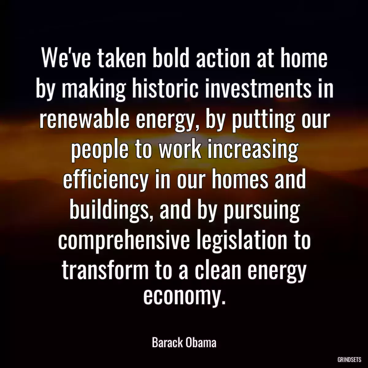 We\'ve taken bold action at home by making historic investments in renewable energy, by putting our people to work increasing efficiency in our homes and buildings, and by pursuing comprehensive legislation to transform to a clean energy economy.