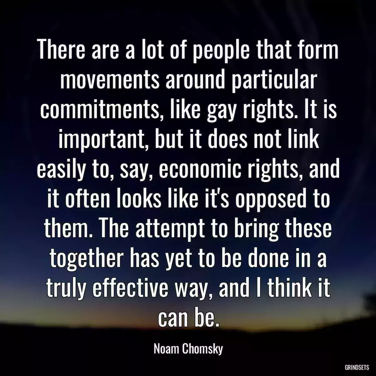 There are a lot of people that form movements around particular commitments, like gay rights. It is important, but it does not link easily to, say, economic rights, and it often looks like it\'s opposed to them. The attempt to bring these together has yet to be done in a truly effective way, and I think it can be.