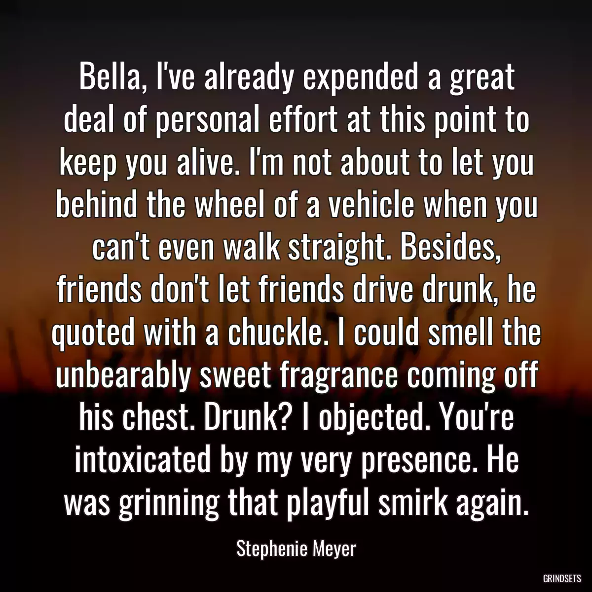 Bella, I\'ve already expended a great deal of personal effort at this point to keep you alive. I\'m not about to let you behind the wheel of a vehicle when you can\'t even walk straight. Besides, friends don\'t let friends drive drunk, he quoted with a chuckle. I could smell the unbearably sweet fragrance coming off his chest. Drunk? I objected. You\'re intoxicated by my very presence. He was grinning that playful smirk again.