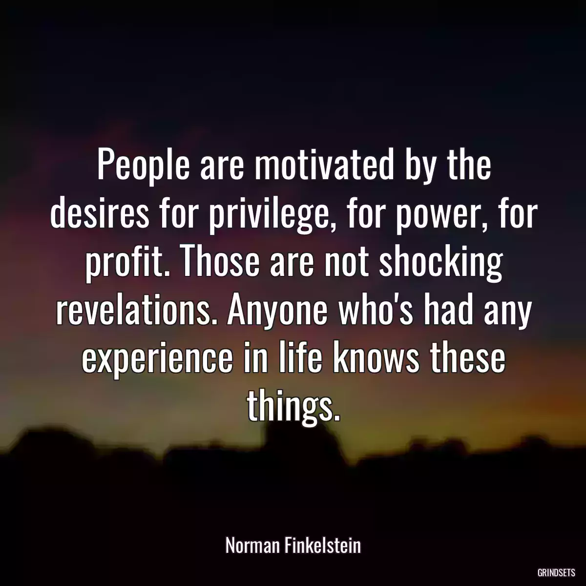 People are motivated by the desires for privilege, for power, for profit. Those are not shocking revelations. Anyone who\'s had any experience in life knows these things.