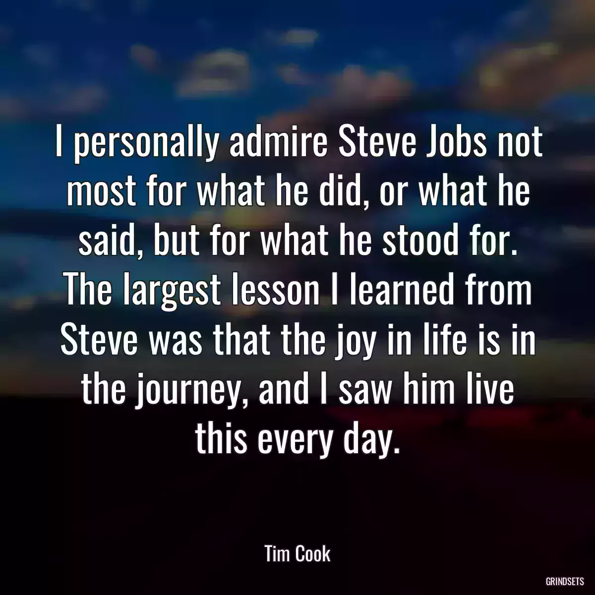 I personally admire Steve Jobs not most for what he did, or what he said, but for what he stood for. The largest lesson I learned from Steve was that the joy in life is in the journey, and I saw him live this every day.