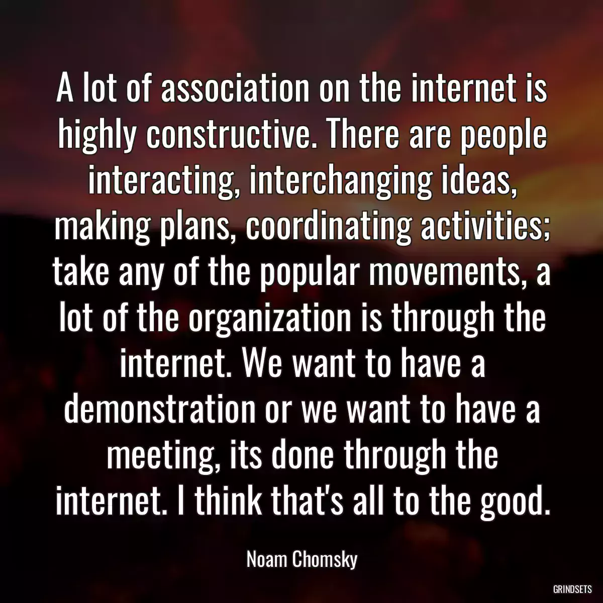 A lot of association on the internet is highly constructive. There are people interacting, interchanging ideas, making plans, coordinating activities; take any of the popular movements, a lot of the organization is through the internet. We want to have a demonstration or we want to have a meeting, its done through the internet. I think that\'s all to the good.