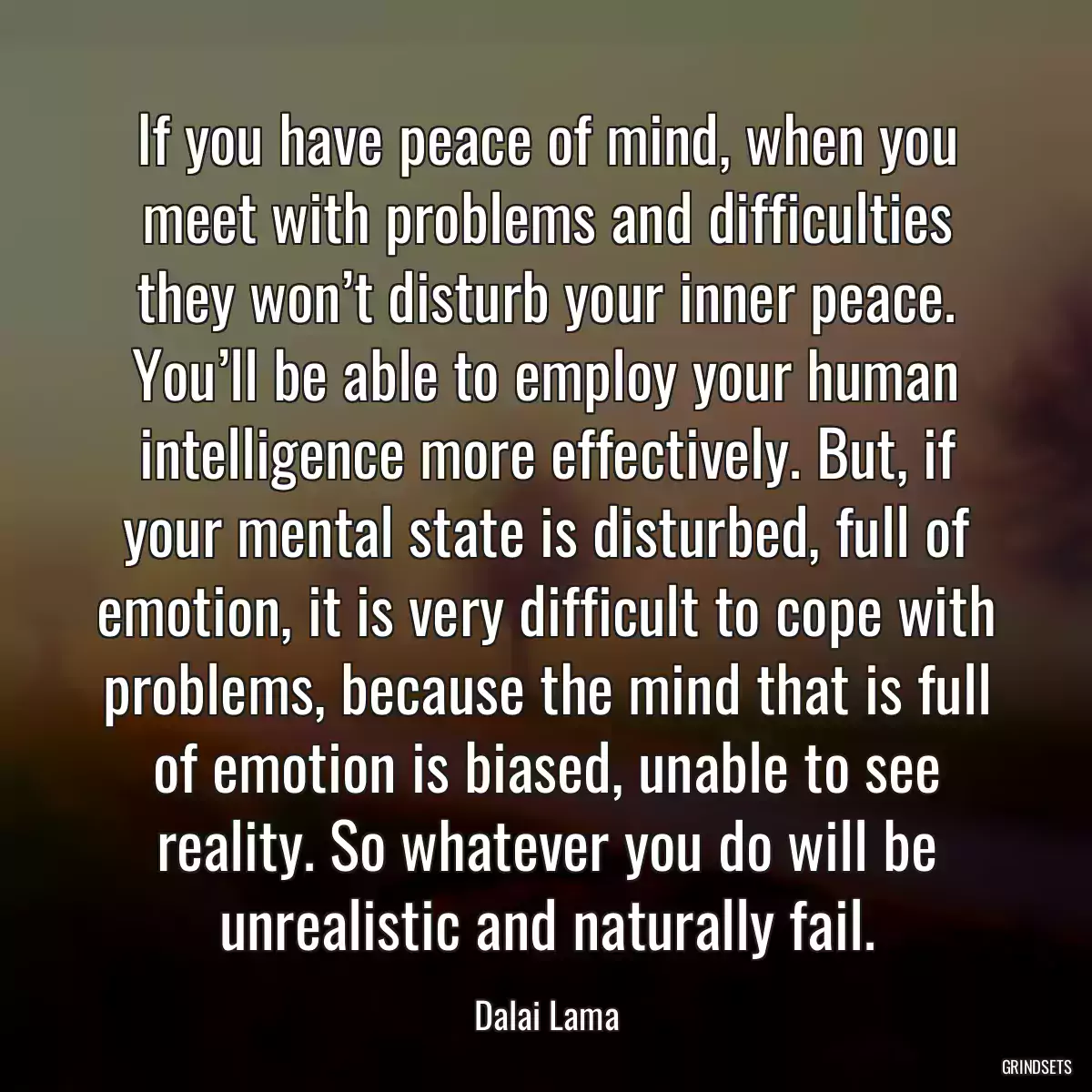 If you have peace of mind, when you meet with problems and difficulties they won’t disturb your inner peace. You’ll be able to employ your human intelligence more effectively. But, if your mental state is disturbed, full of emotion, it is very difficult to cope with problems, because the mind that is full of emotion is biased, unable to see reality. So whatever you do will be unrealistic and naturally fail.