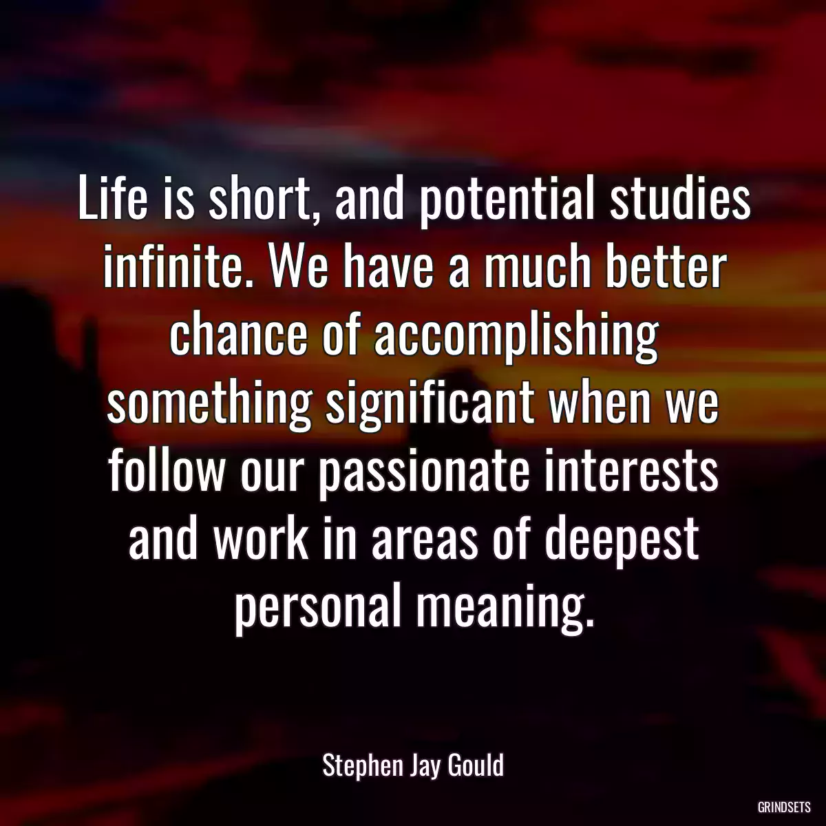 Life is short, and potential studies infinite. We have a much better chance of accomplishing something significant when we follow our passionate interests and work in areas of deepest personal meaning.