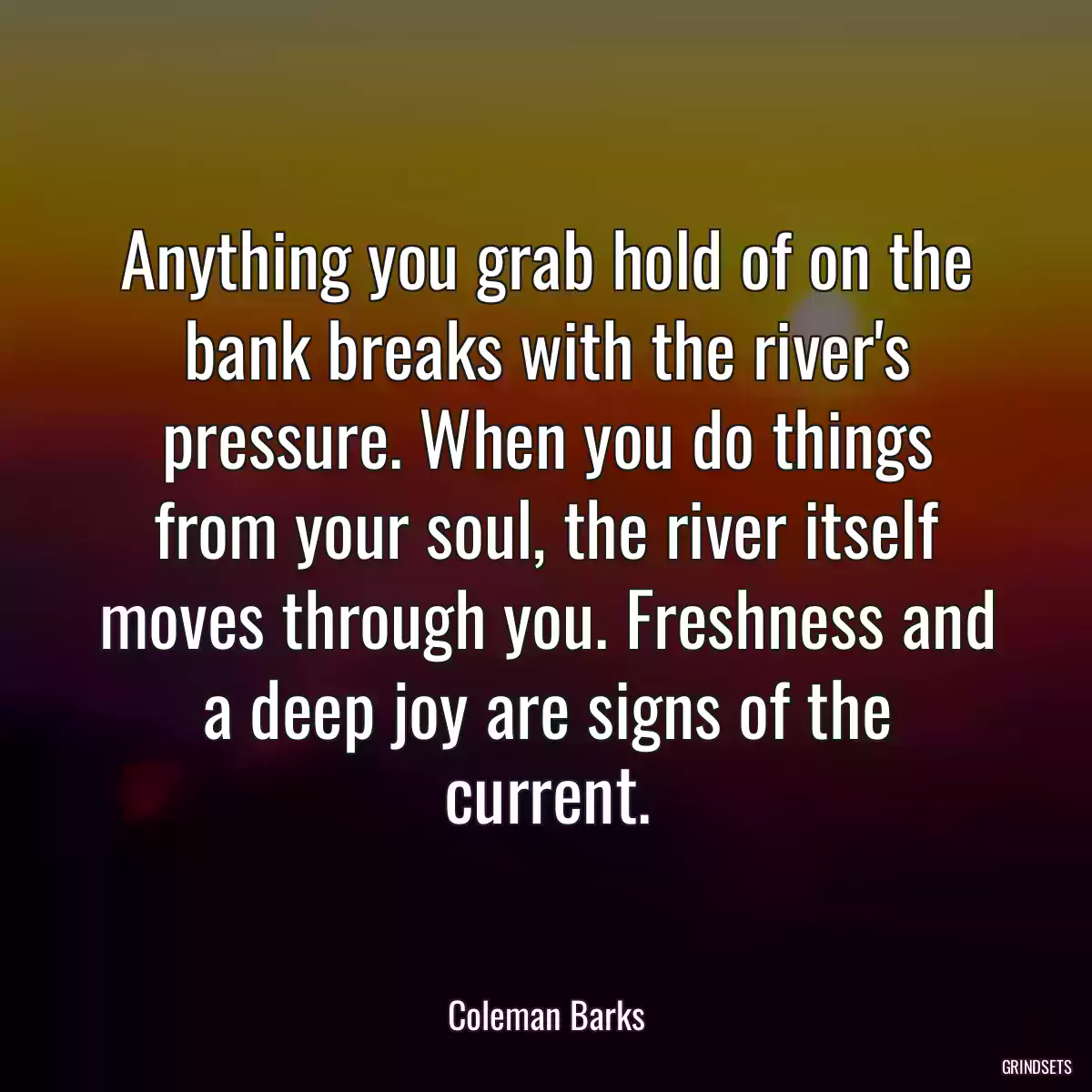 Anything you grab hold of on the bank breaks with the river\'s pressure. When you do things from your soul, the river itself moves through you. Freshness and a deep joy are signs of the current.