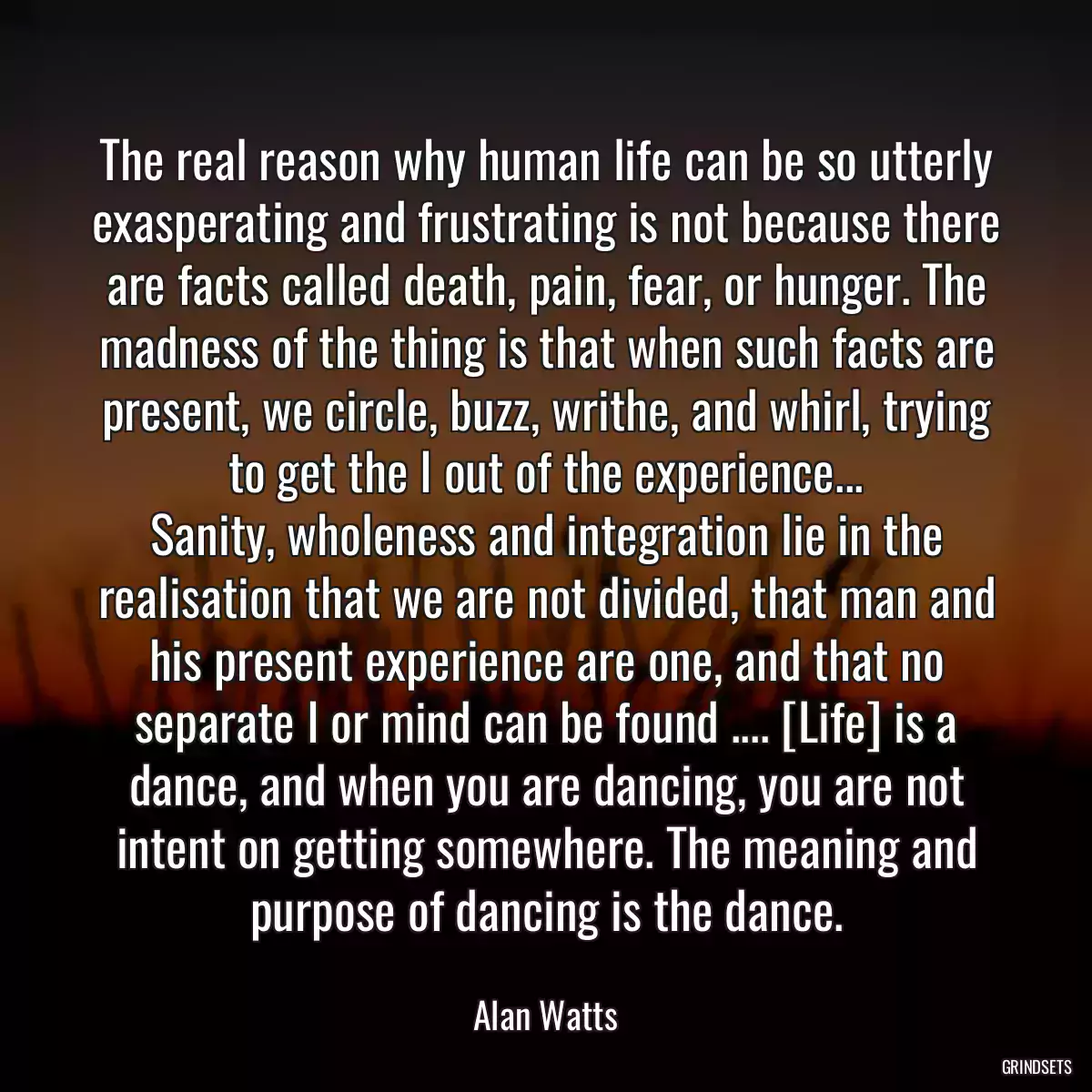 The real reason why human life can be so utterly exasperating and frustrating is not because there are facts called death, pain, fear, or hunger. The madness of the thing is that when such facts are present, we circle, buzz, writhe, and whirl, trying to get the I out of the experience...
Sanity, wholeness and integration lie in the realisation that we are not divided, that man and his present experience are one, and that no separate I or mind can be found .... [Life] is a dance, and when you are dancing, you are not intent on getting somewhere. The meaning and purpose of dancing is the dance.