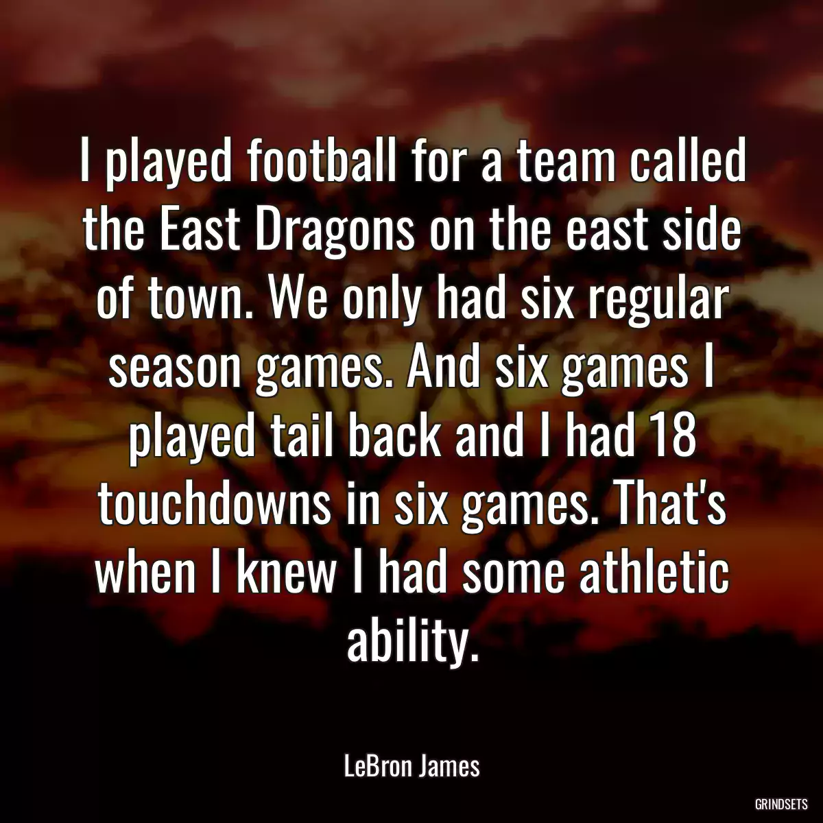 I played football for a team called the East Dragons on the east side of town. We only had six regular season games. And six games I played tail back and I had 18 touchdowns in six games. That\'s when I knew I had some athletic ability.