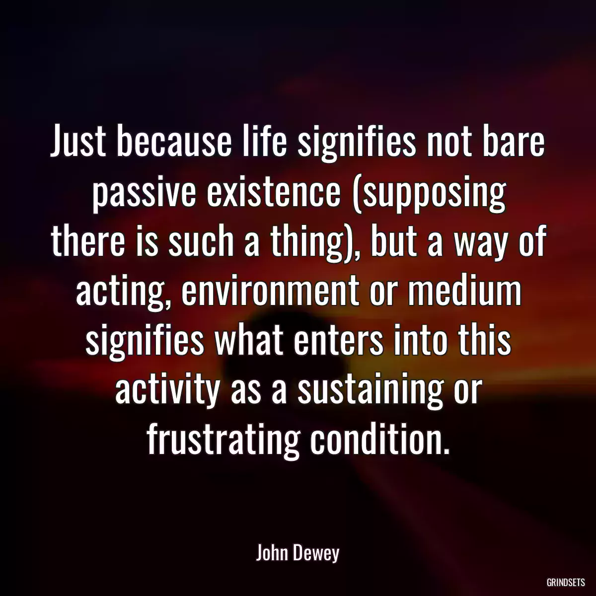 Just because life signifies not bare passive existence (supposing there is such a thing), but a way of acting, environment or medium signifies what enters into this activity as a sustaining or frustrating condition.