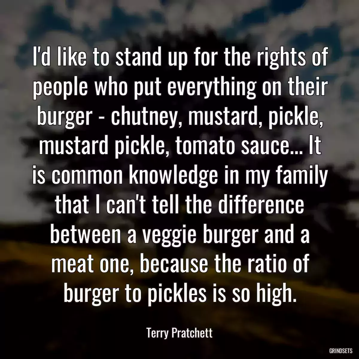 I\'d like to stand up for the rights of people who put everything on their burger - chutney, mustard, pickle, mustard pickle, tomato sauce... It is common knowledge in my family that I can\'t tell the difference between a veggie burger and a meat one, because the ratio of burger to pickles is so high.