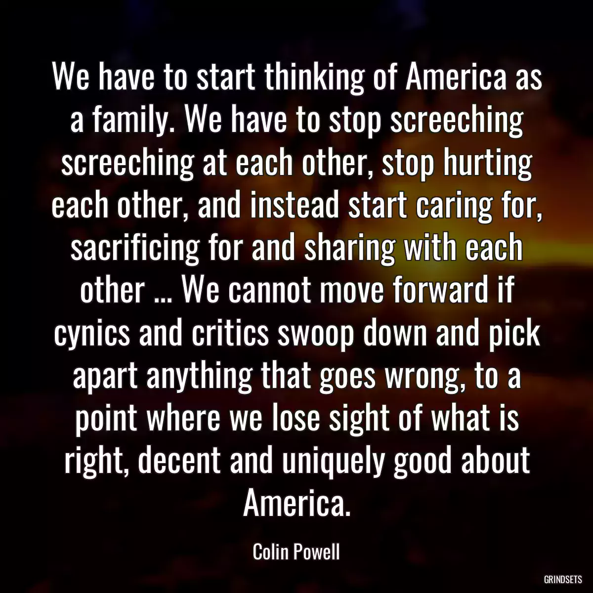 We have to start thinking of America as a family. We have to stop screeching screeching at each other, stop hurting each other, and instead start caring for, sacrificing for and sharing with each other ... We cannot move forward if cynics and critics swoop down and pick apart anything that goes wrong, to a point where we lose sight of what is right, decent and uniquely good about America.