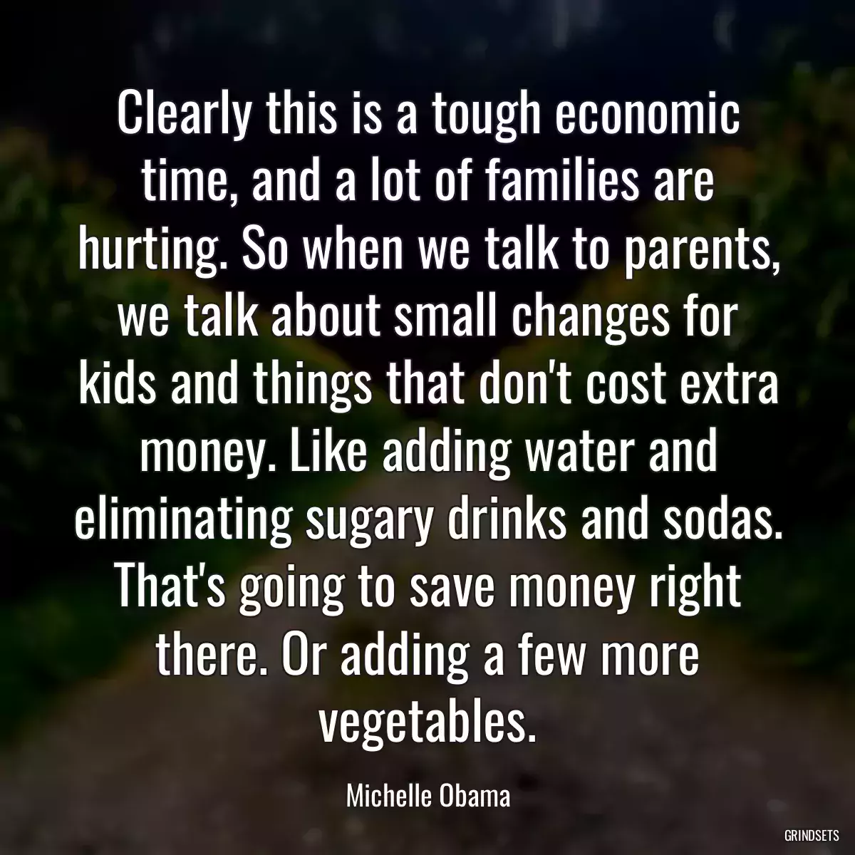 Clearly this is a tough economic time, and a lot of families are hurting. So when we talk to parents, we talk about small changes for kids and things that don\'t cost extra money. Like adding water and eliminating sugary drinks and sodas. That\'s going to save money right there. Or adding a few more vegetables.
