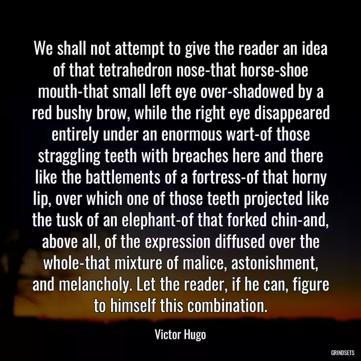 We shall not attempt to give the reader an idea of that tetrahedron nose-that horse-shoe mouth-that small left eye over-shadowed by a red bushy brow, while the right eye disappeared entirely under an enormous wart-of those straggling teeth with breaches here and there like the battlements of a fortress-of that horny lip, over which one of those teeth projected like the tusk of an elephant-of that forked chin-and, above all, of the expression diffused over the whole-that mixture of malice, astonishment, and melancholy. Let the reader, if he can, figure to himself this combination.