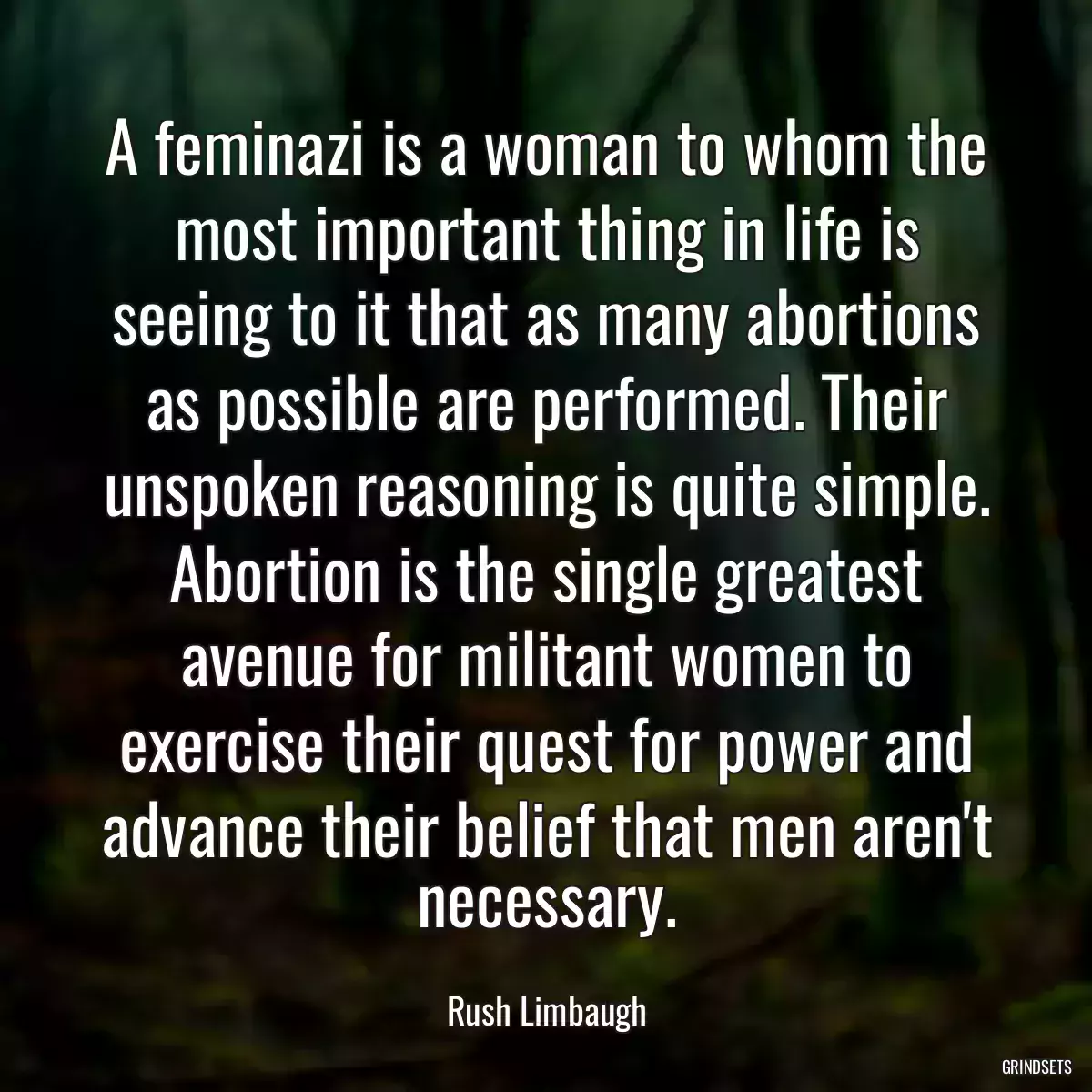 A feminazi is a woman to whom the most important thing in life is seeing to it that as many abortions as possible are performed. Their unspoken reasoning is quite simple. Abortion is the single greatest avenue for militant women to exercise their quest for power and advance their belief that men aren\'t necessary.