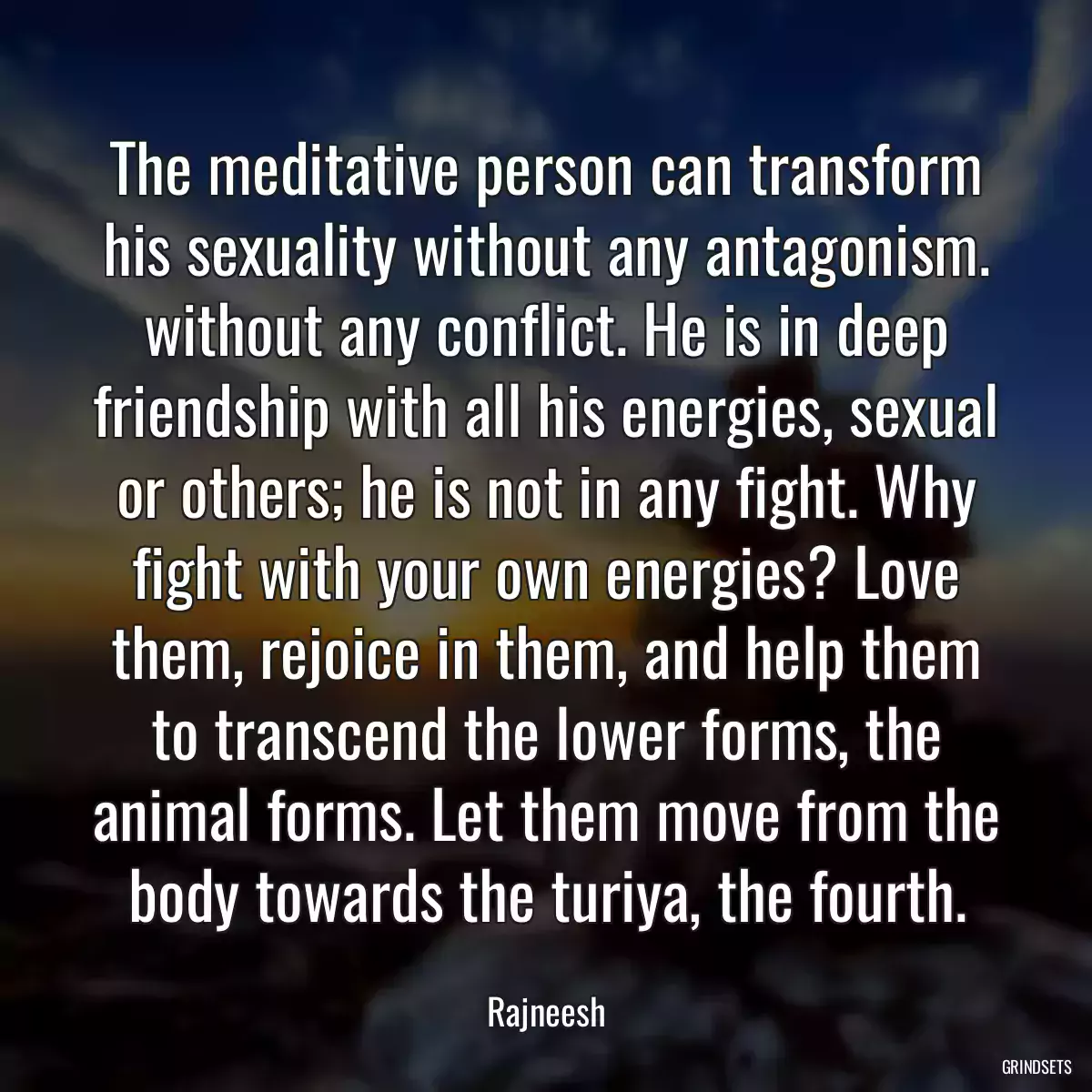 The meditative person can transform his sexuality without any antagonism. without any conflict. He is in deep friendship with all his energies, sexual or others; he is not in any fight. Why fight with your own energies? Love them, rejoice in them, and help them to transcend the lower forms, the animal forms. Let them move from the body towards the turiya, the fourth.