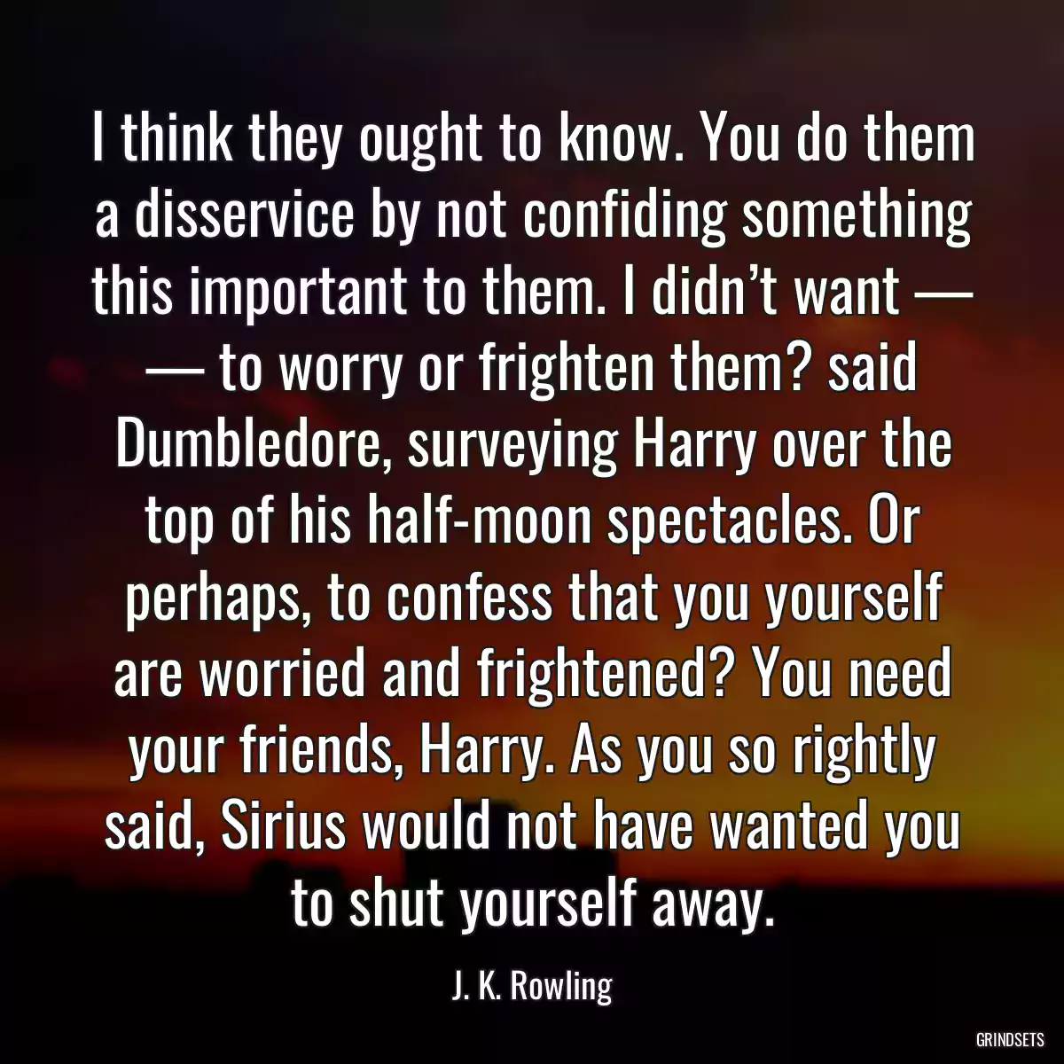 I think they ought to know. You do them a disservice by not confiding something this important to them. I didn’t want — — to worry or frighten them? said Dumbledore, surveying Harry over the top of his half-moon spectacles. Or perhaps, to confess that you yourself are worried and frightened? You need your friends, Harry. As you so rightly said, Sirius would not have wanted you to shut yourself away.