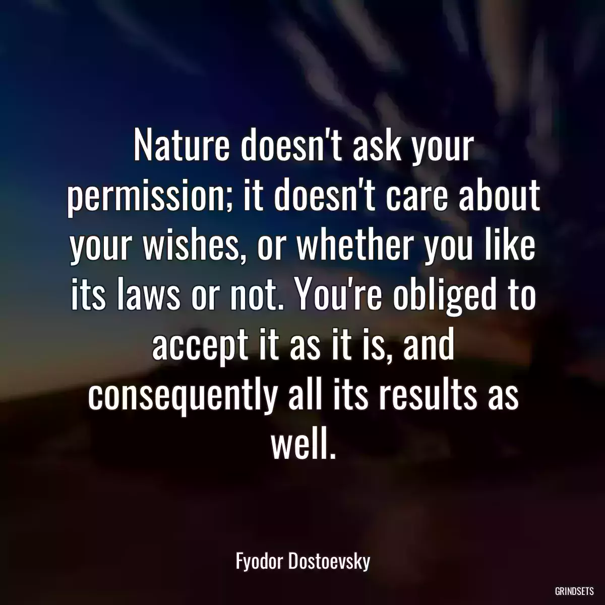 Nature doesn\'t ask your permission; it doesn\'t care about your wishes, or whether you like its laws or not. You\'re obliged to accept it as it is, and consequently all its results as well.