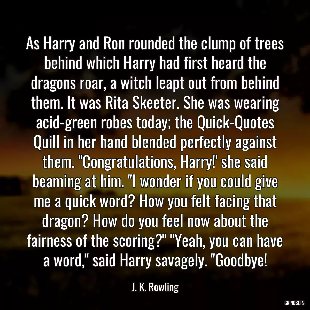 As Harry and Ron rounded the clump of trees behind which Harry had first heard the dragons roar, a witch leapt out from behind them. It was Rita Skeeter. She was wearing acid-green robes today; the Quick-Quotes Quill in her hand blended perfectly against them. \