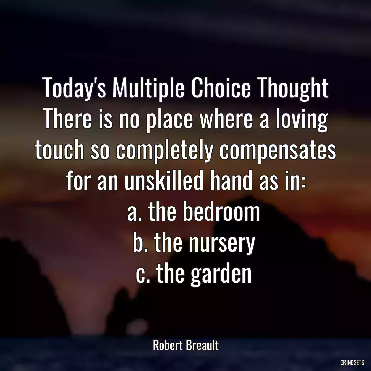 Today\'s Multiple Choice Thought
There is no place where a loving touch so completely compensates for an unskilled hand as in:
   a. the bedroom
   b. the nursery
   c. the garden