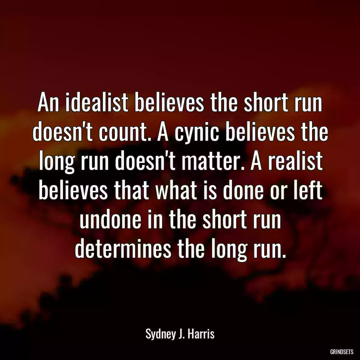 An idealist believes the short run doesn\'t count. A cynic believes the long run doesn\'t matter. A realist believes that what is done or left undone in the short run determines the long run.