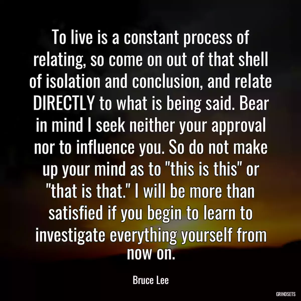 To live is a constant process of relating, so come on out of that shell of isolation and conclusion, and relate DIRECTLY to what is being said. Bear in mind I seek neither your approval nor to influence you. So do not make up your mind as to \