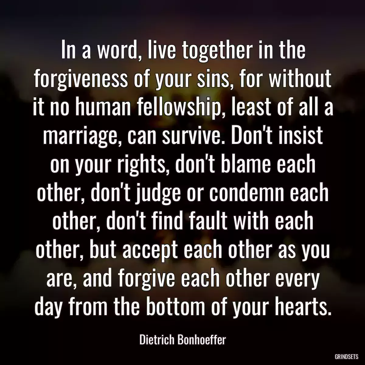 In a word, live together in the forgiveness of your sins, for without it no human fellowship, least of all a marriage, can survive. Don\'t insist on your rights, don\'t blame each other, don\'t judge or condemn each other, don\'t find fault with each other, but accept each other as you are, and forgive each other every day from the bottom of your hearts.