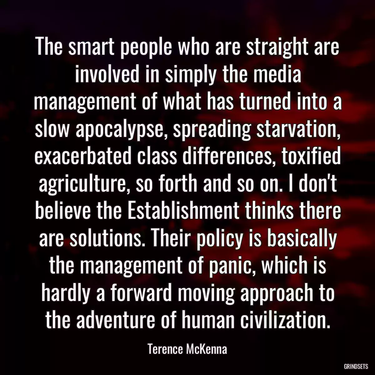 The smart people who are straight are involved in simply the media management of what has turned into a slow apocalypse, spreading starvation, exacerbated class differences, toxified agriculture, so forth and so on. I don\'t believe the Establishment thinks there are solutions. Their policy is basically the management of panic, which is hardly a forward moving approach to the adventure of human civilization.