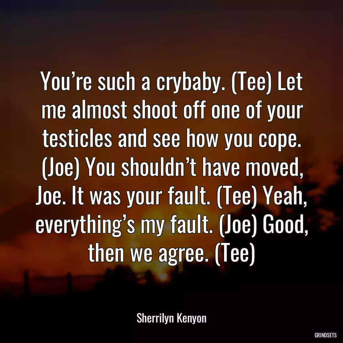 You’re such a crybaby. (Tee) Let me almost shoot off one of your testicles and see how you cope. (Joe) You shouldn’t have moved, Joe. It was your fault. (Tee) Yeah, everything’s my fault. (Joe) Good, then we agree. (Tee)