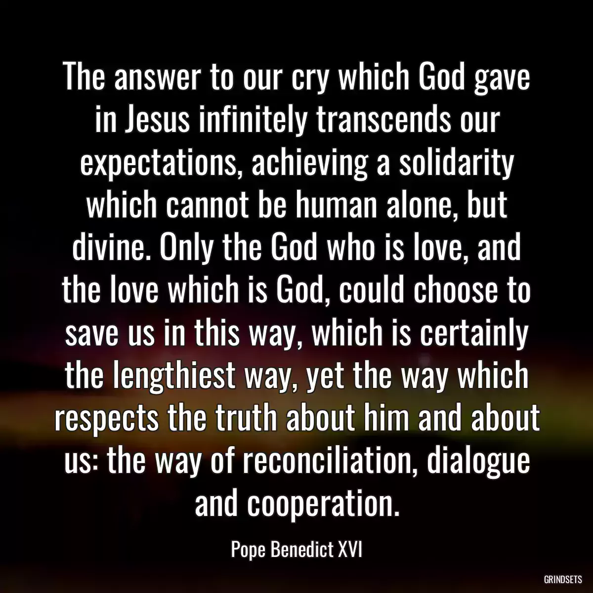 The answer to our cry which God gave in Jesus infinitely transcends our expectations, achieving a solidarity which cannot be human alone, but divine. Only the God who is love, and the love which is God, could choose to save us in this way, which is certainly the lengthiest way, yet the way which respects the truth about him and about us: the way of reconciliation, dialogue and cooperation.