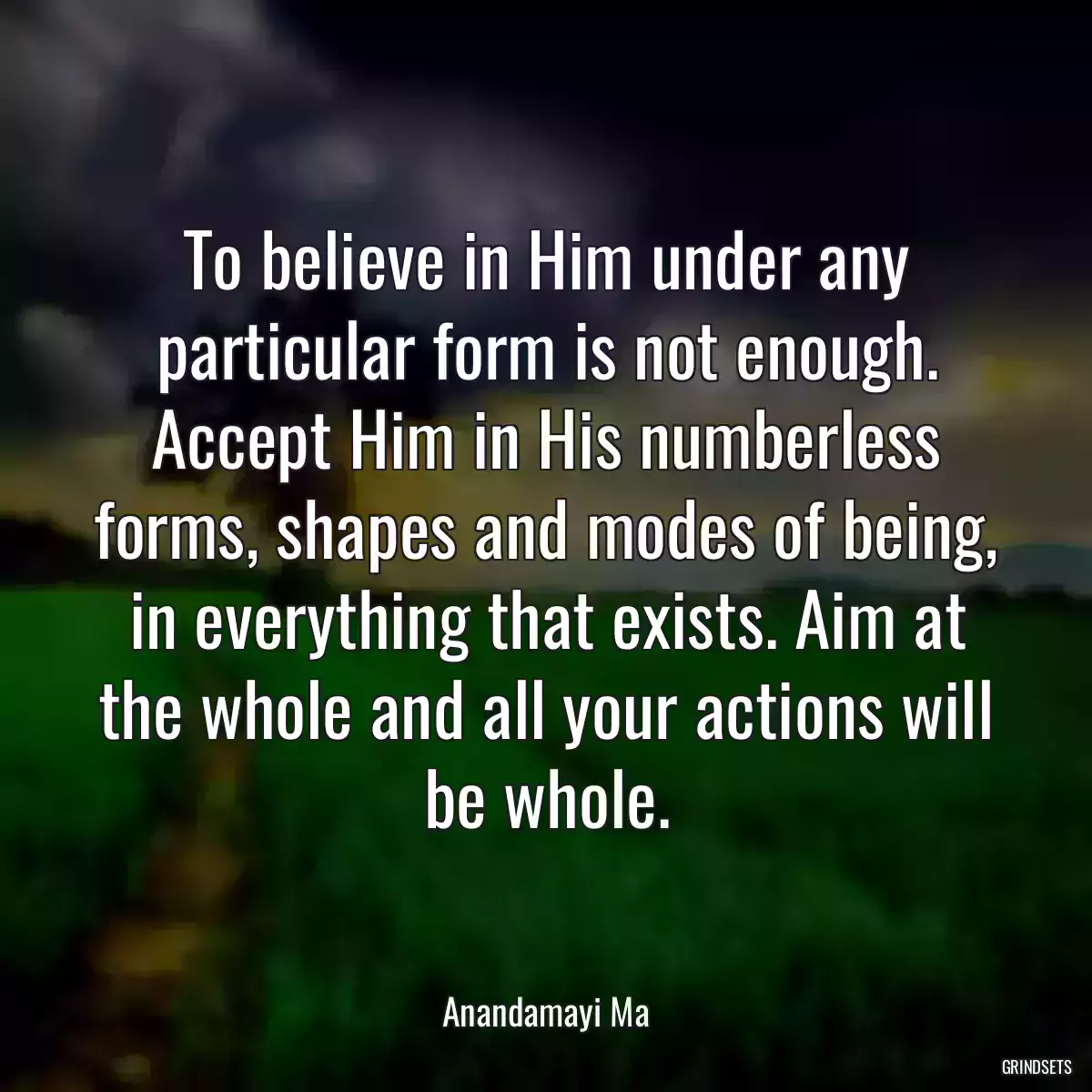 To believe in Him under any particular form is not enough. Accept Him in His numberless forms, shapes and modes of being, in everything that exists. Aim at the whole and all your actions will be whole.