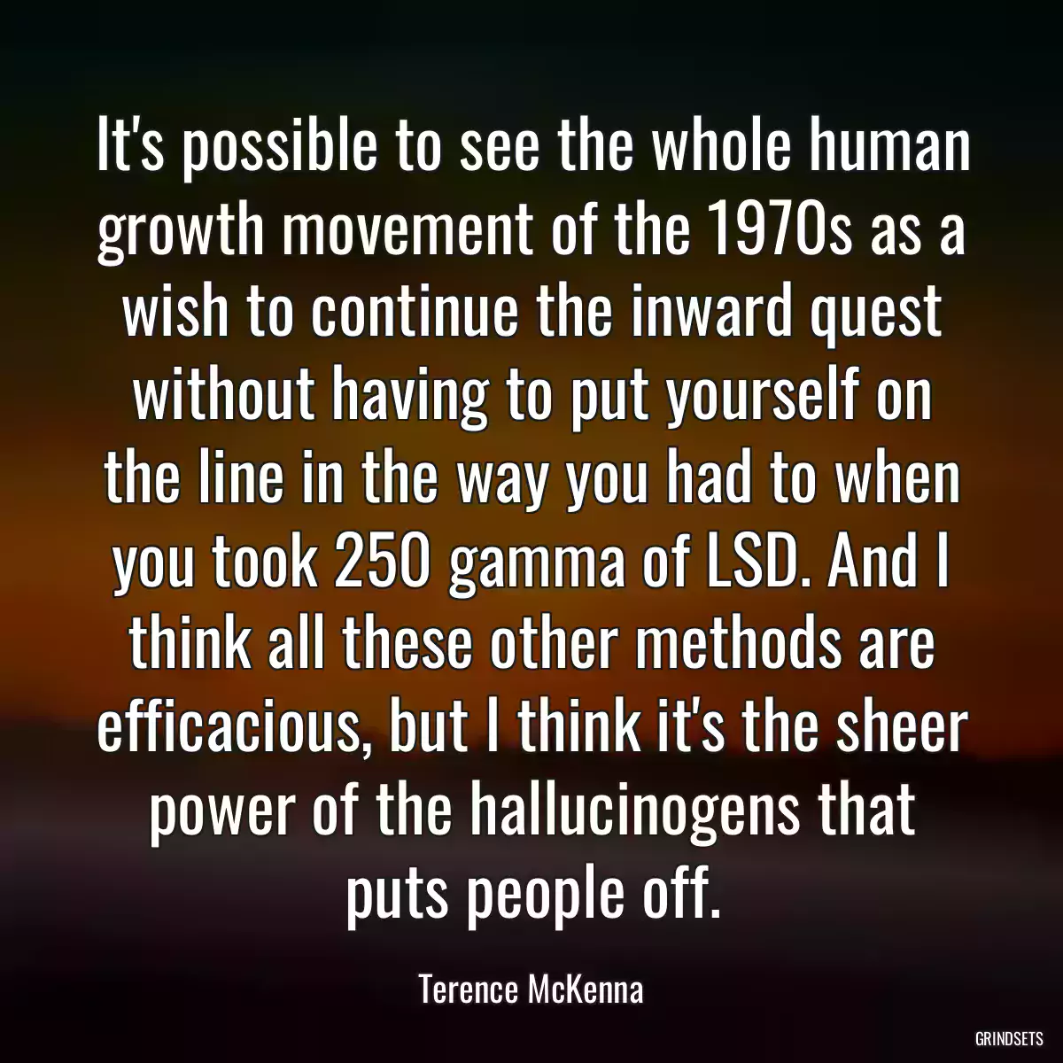 It\'s possible to see the whole human growth movement of the 1970s as a wish to continue the inward quest without having to put yourself on the line in the way you had to when you took 250 gamma of LSD. And I think all these other methods are efficacious, but I think it\'s the sheer power of the hallucinogens that puts people off.