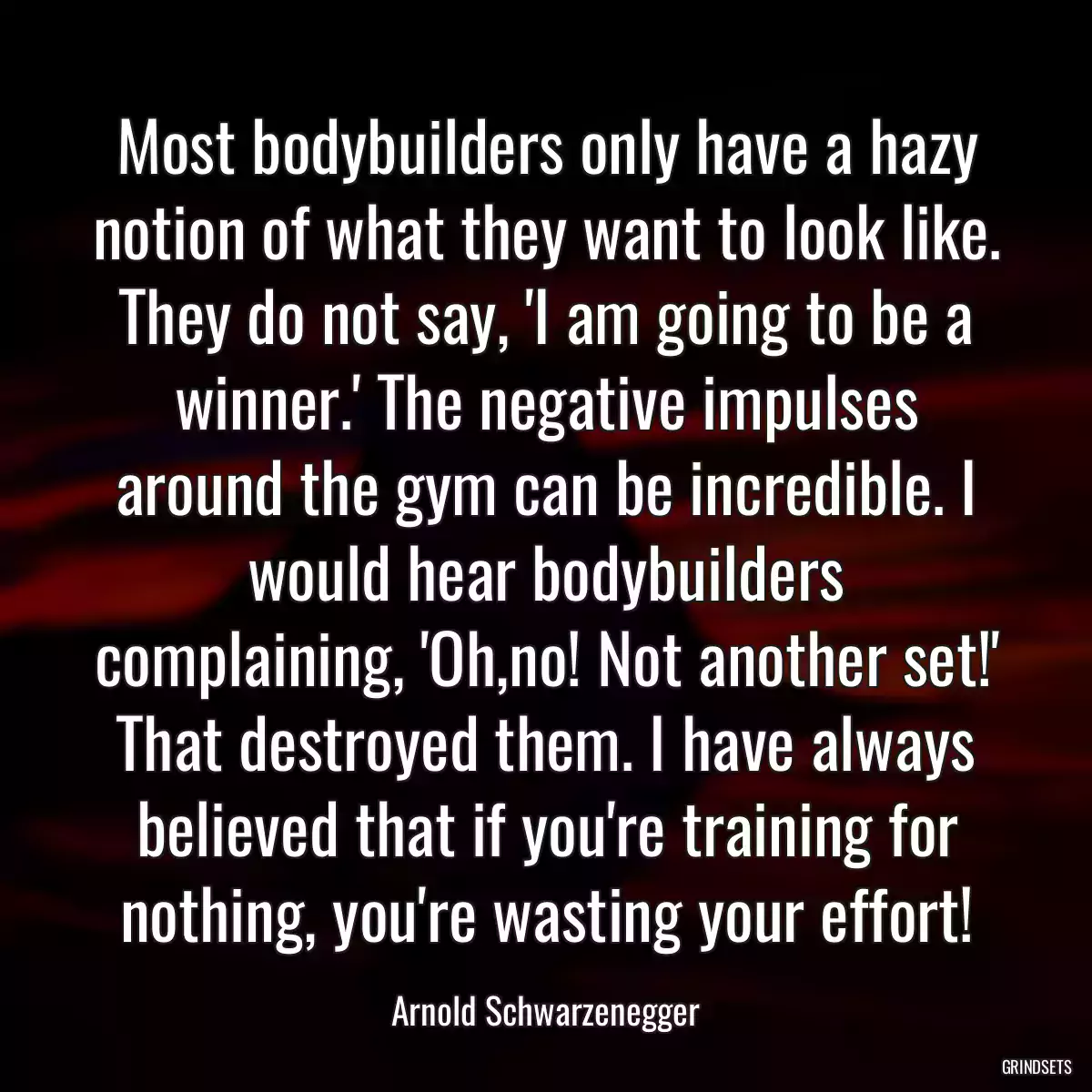 Most bodybuilders only have a hazy notion of what they want to look like. They do not say, \'I am going to be a winner.\' The negative impulses around the gym can be incredible. I would hear bodybuilders complaining, \'Oh,no! Not another set!\' That destroyed them. I have always believed that if you\'re training for nothing, you\'re wasting your effort!