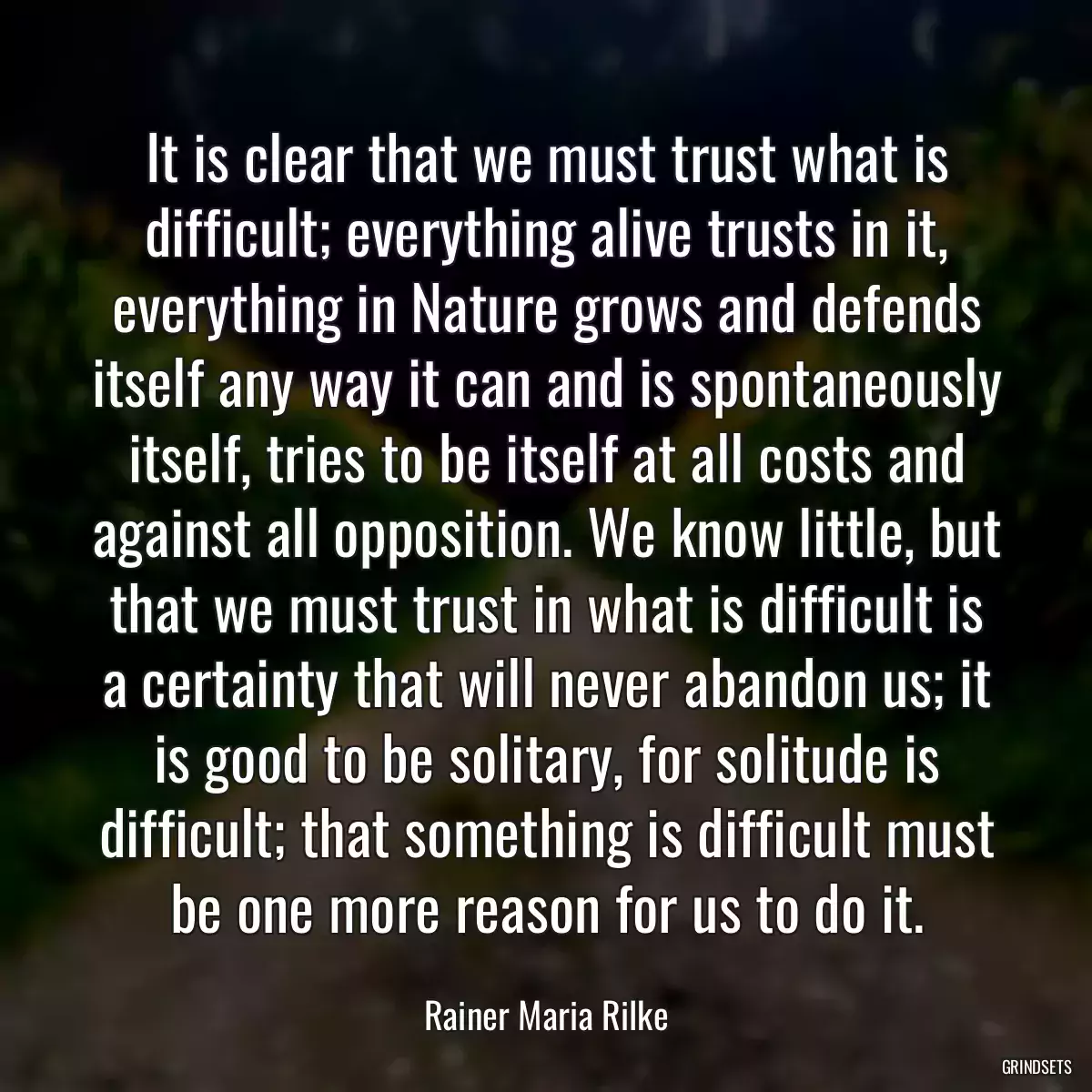 It is clear that we must trust what is difficult; everything alive trusts in it, everything in Nature grows and defends itself any way it can and is spontaneously itself, tries to be itself at all costs and against all opposition. We know little, but that we must trust in what is difficult is a certainty that will never abandon us; it is good to be solitary, for solitude is difficult; that something is difficult must be one more reason for us to do it.