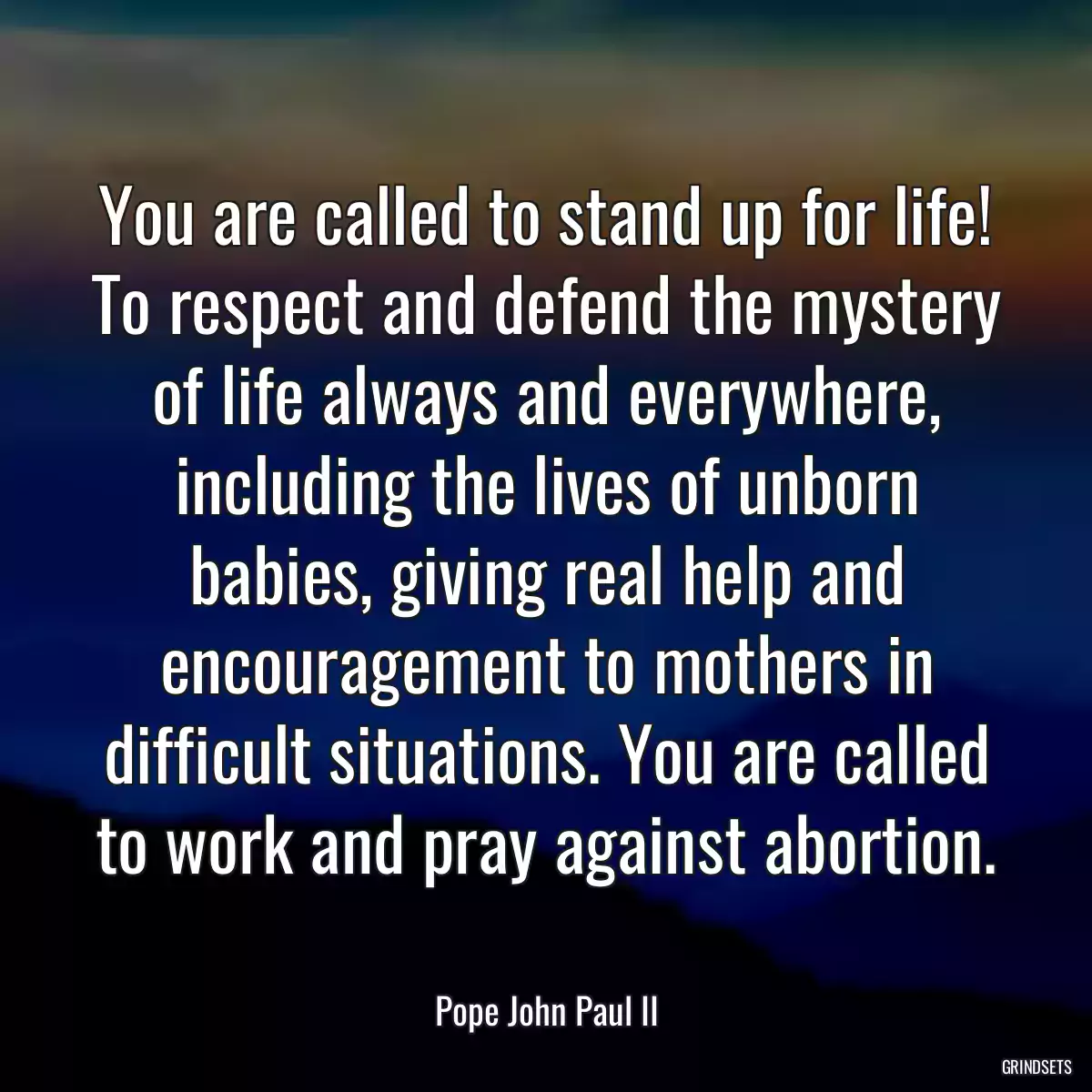 You are called to stand up for life! To respect and defend the mystery of life always and everywhere, including the lives of unborn babies, giving real help and encouragement to mothers in difficult situations. You are called to work and pray against abortion.