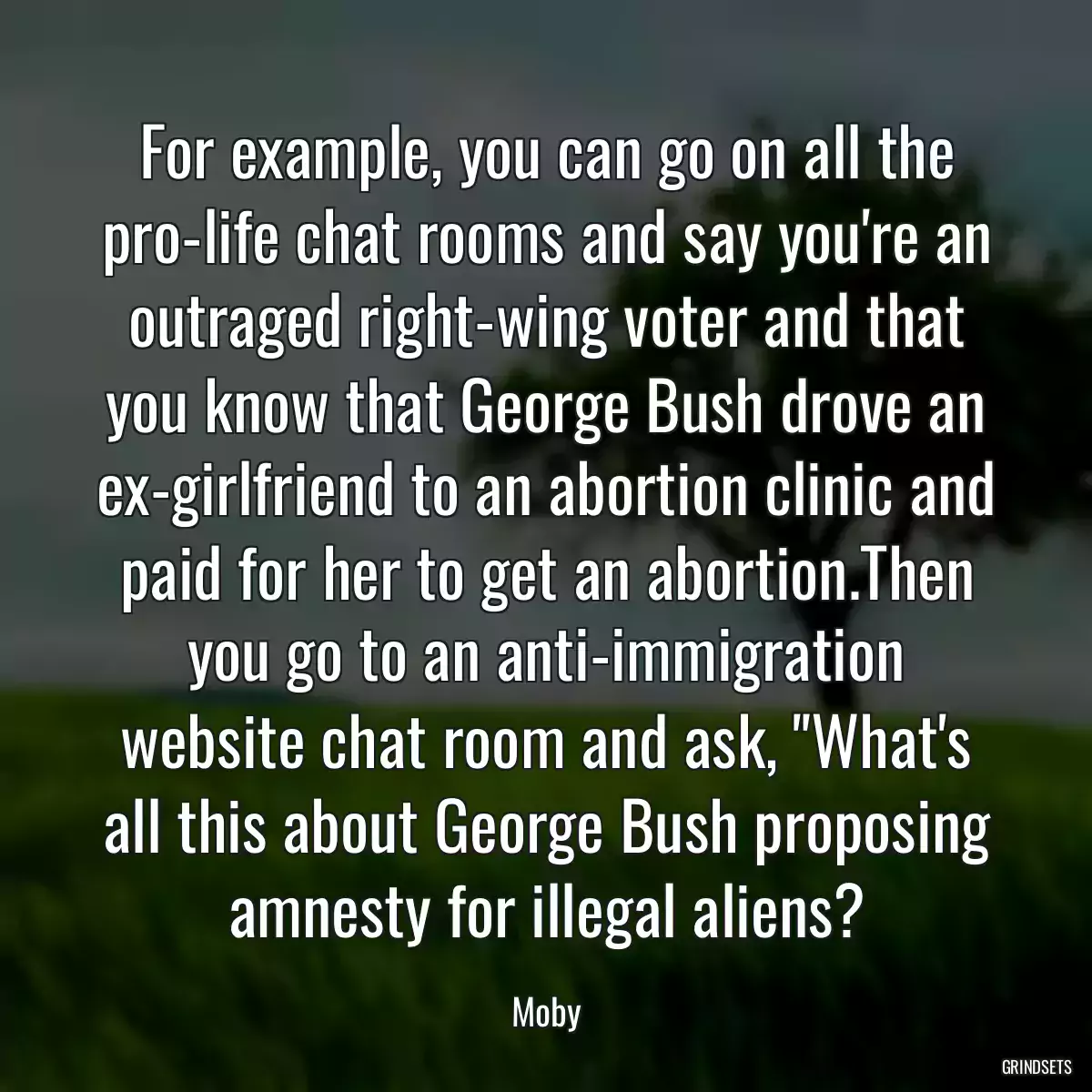 For example, you can go on all the pro-life chat rooms and say you\'re an outraged right-wing voter and that you know that George Bush drove an ex-girlfriend to an abortion clinic and paid for her to get an abortion.Then you go to an anti-immigration website chat room and ask, \