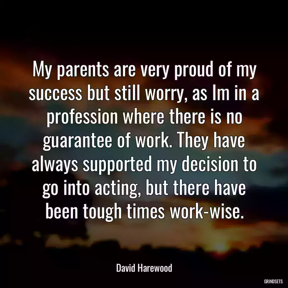 My parents are very proud of my success but still worry, as Im in a profession where there is no guarantee of work. They have always supported my decision to go into acting, but there have been tough times work-wise.