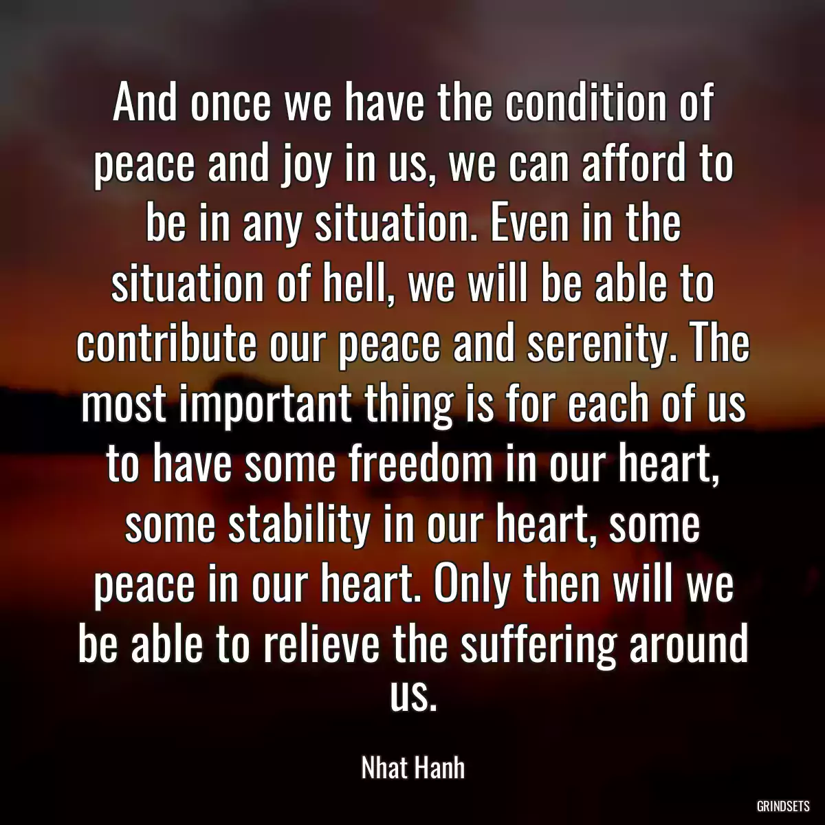 And once we have the condition of peace and joy in us, we can afford to be in any situation. Even in the situation of hell, we will be able to contribute our peace and serenity. The most important thing is for each of us to have some freedom in our heart, some stability in our heart, some peace in our heart. Only then will we be able to relieve the suffering around us.