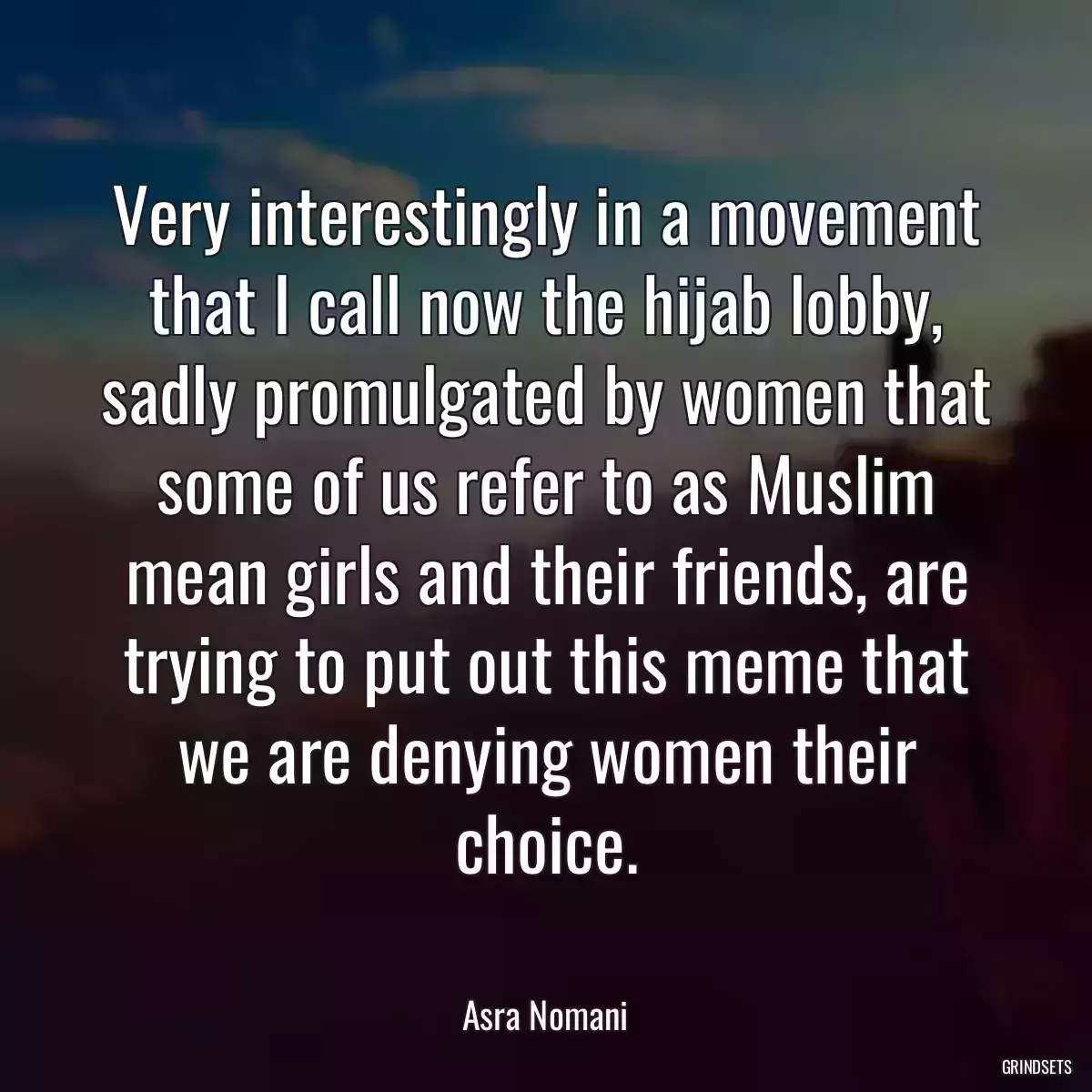 Very interestingly in a movement that I call now the hijab lobby, sadly promulgated by women that some of us refer to as Muslim mean girls and their friends, are trying to put out this meme that we are denying women their choice.