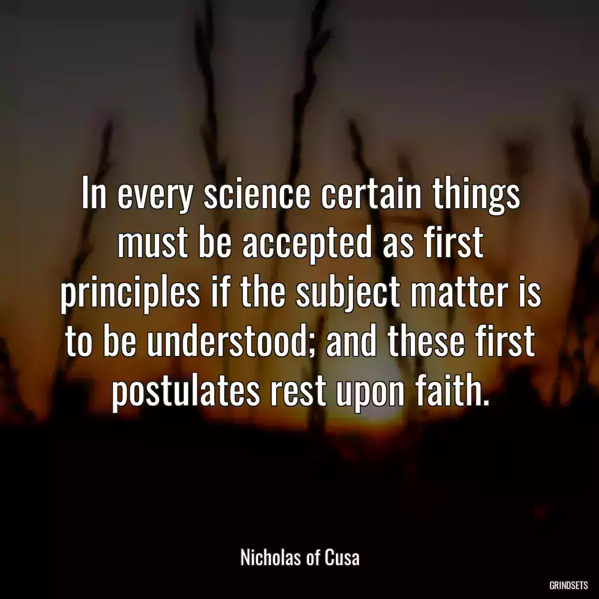 In every science certain things must be accepted as first principles if the subject matter is to be understood; and these first postulates rest upon faith.